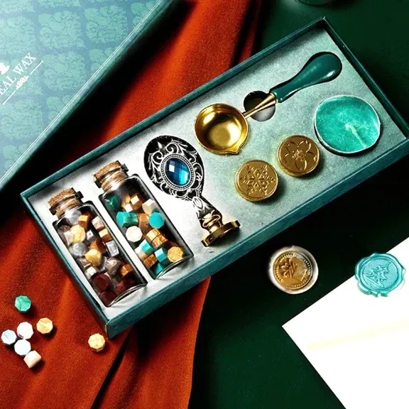 Подарунковий набір для сургучного друку Seal Wax 8 предметів набір для скрабукінгу повний комплект воскоплав 3 штампи віск