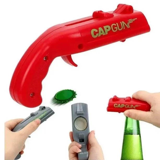 Відкривачка для пляшок Cap Gun Opener з контейнером для кришок відкривашка у формі пістолету відкривашка для пива Червоний