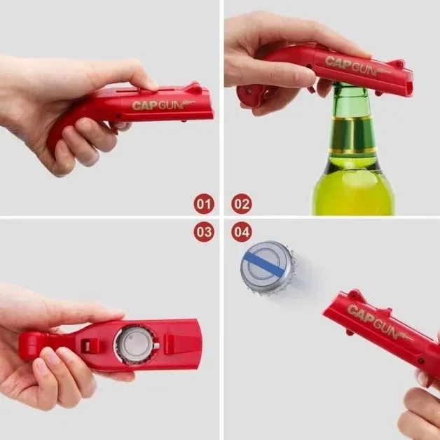 Відкривачка для пляшок Cap Gun Opener з контейнером для кришок відкривашка у формі пістолету відкривашка для пива Червоний